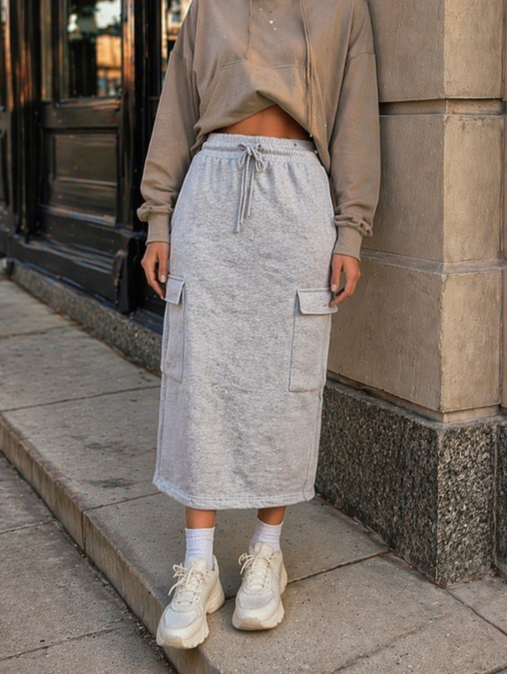 NWT Kuwalla Heather Grey Sweatshirt Cargo Midi Skirt | Pencil Drawstring